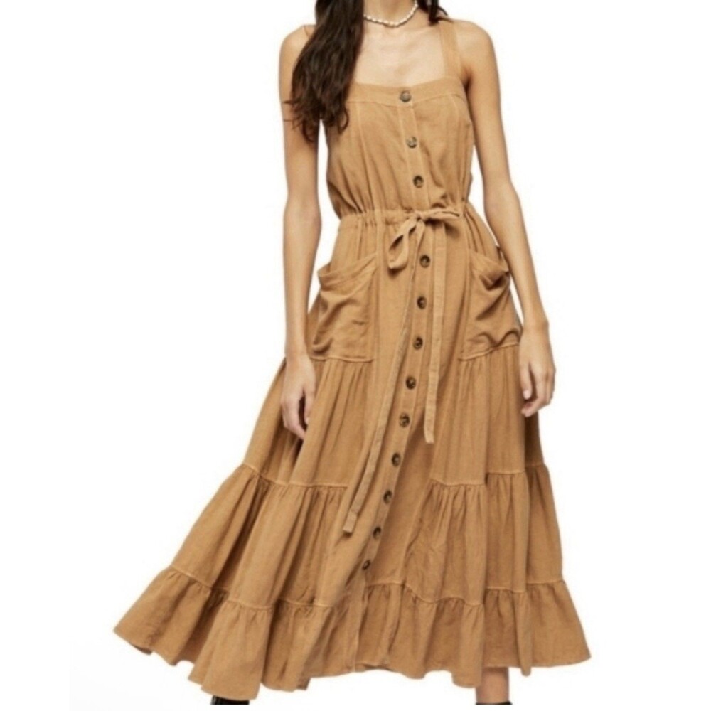 Free People  Midi Dress Catch The Breeze Linen Blend Tiered Boho Coastal Size XS